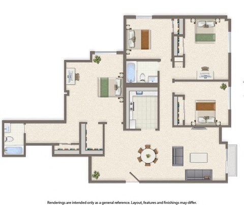 Floor plan for 4 beds, 2 baths, 1200 sqft